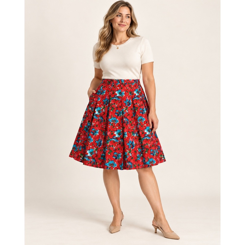 Talbots Red Floral Pleated A-Line Skirt Women 14 Cotton Boho Cottagecore Knee L